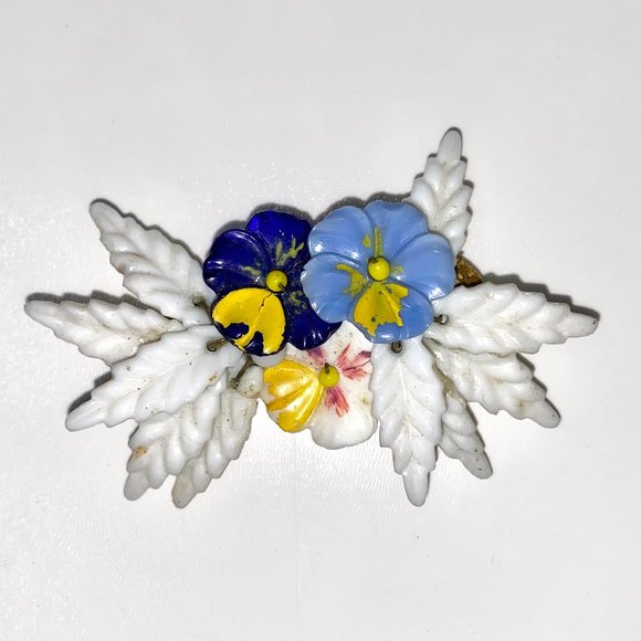 White Leaves Blue Flowers Brooch Miriam Haskell